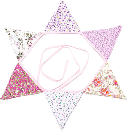 LOVENJOY Pink Floral 100% Cotton Bunting Banner for Girls Shabby Chic Wedding Birthday Decoration