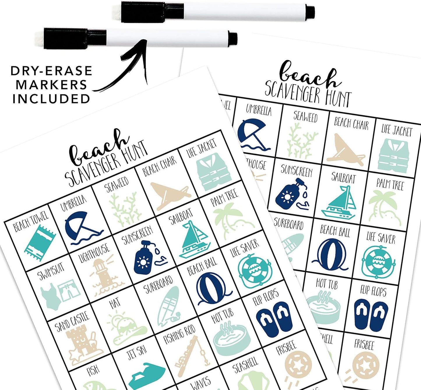 Beach Scavenger Hunt Games for Kids, Outdoor or Indoor, Birthday Party, Road Trip, Travel Activities, Includes 10 Dry Erase Markers and Cards, Family Game Night