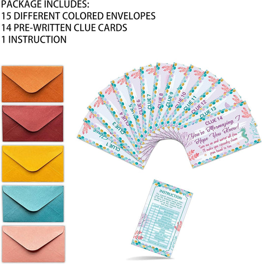Mermaid Treasure Hunt Clues Cards, Mermaid Party Scavenger Hunt Card Game(15 Cards With Envelopes), Ocean Themed Birthday Party Supplies Activities for Kids Adults, Under the Sea Party Decor(02)