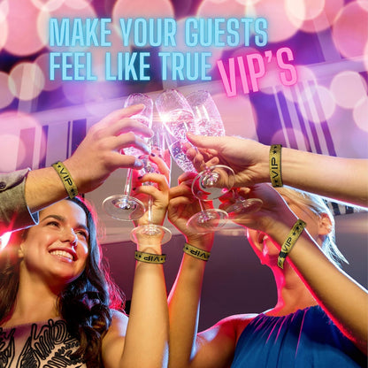 100 Pack Glitter Gold VIP Party Wristbands with Secure Locking Clip. Must Have Adjustable Sparkle VIP Wrist Bands for Events, Parties, Weddings and Festivals