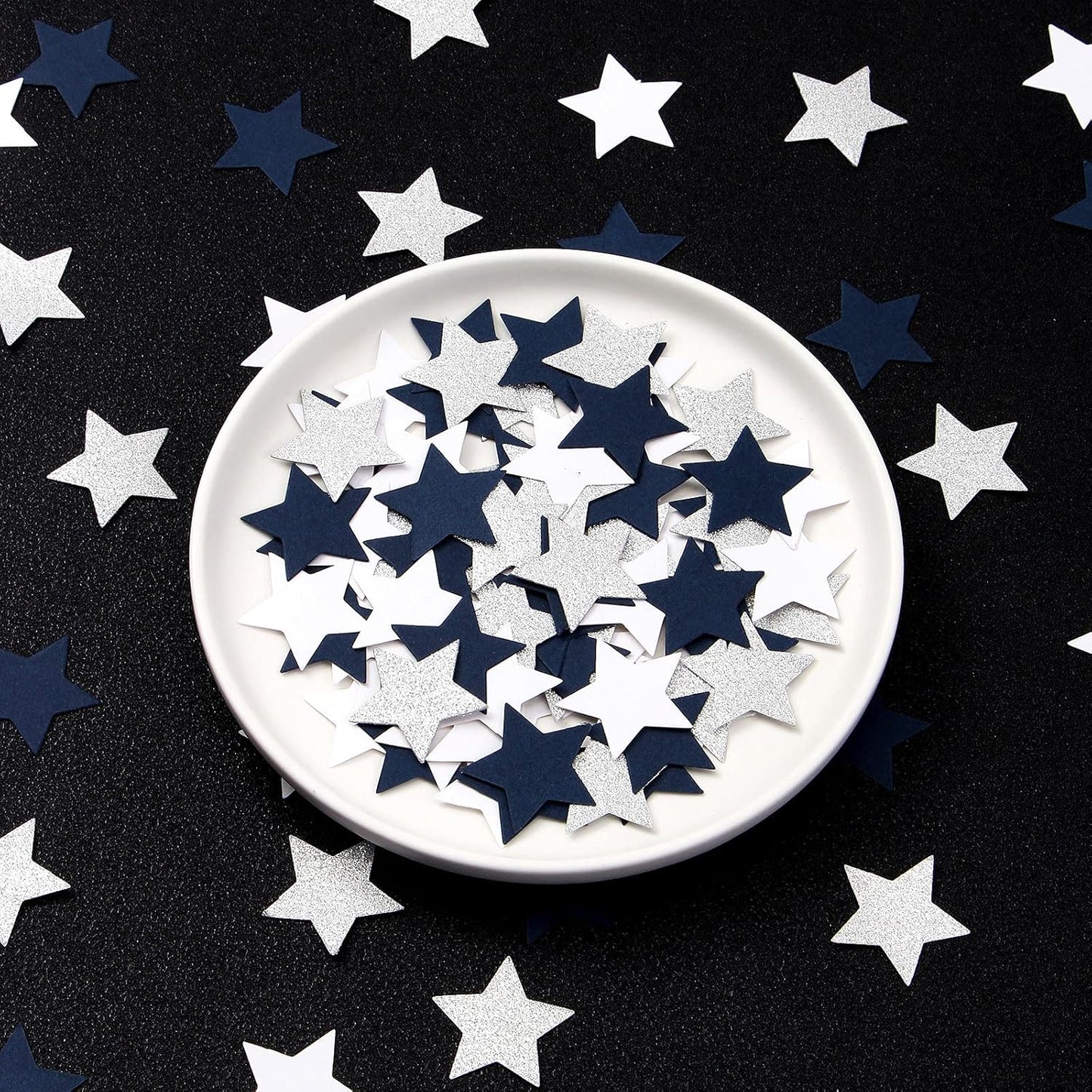 300pcs Navy Blue White Silver Confetti,Glitter Paper decor Twinkle Little Star Table Confetti,Birthday Graduation 2024 Fathers Day Wedding Baby Shower Party Decorations Circle Dots Lasting Surprise