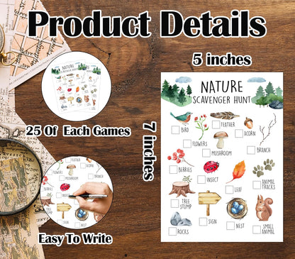 25 Pcs Nature Scavenger Hunt Cards, Outdoor Scavenger Hunts, Camping Scavenger Hunt Game Set, Outdoor Travel Seek Activity, Holiday Party Games for Family Friend, A02