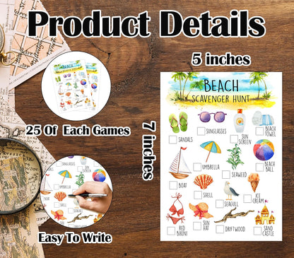 25 Pcs Beach Scavenger Hunt Cards, Outdoor Scavenger Hunts, Camping Scavenger Hunt Game Set, Outdoor Travel Seek Activity, Summer Holiday Party Games for Family Friend, A05