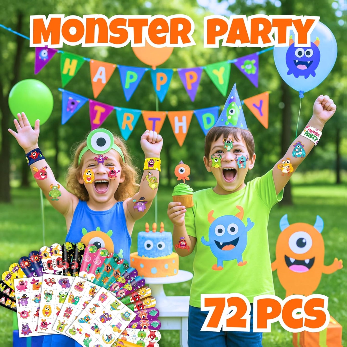 72PCS Monster Party Set - 48PCS Temporary Tattoos & 24PCS Slap Bracelets - Fun Monster-Themed Birthday Supplies, Baby Shower Gifts, Classroom Rewards & Party Decorations for Kids (Boys & Girls)