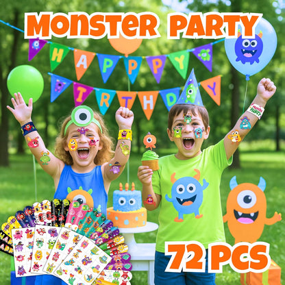 72PCS Monster Party Set - 48PCS Temporary Tattoos & 24PCS Slap Bracelets - Fun Monster-Themed Birthday Supplies, Baby Shower Gifts, Classroom Rewards & Party Decorations for Kids (Boys & Girls)