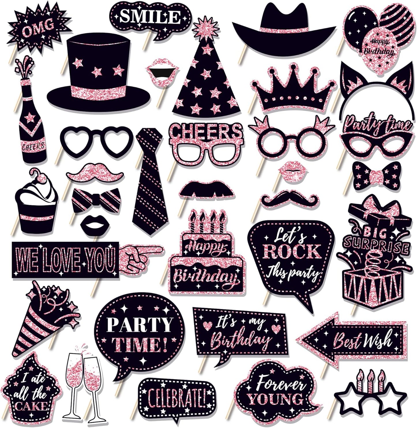 36 PCS Birthday Photo Booth Props Party Supplies Holiday Picture Decorations Photo Booth Props for Birthday Party Favors Pose Sign Kit Fun for Party (Purple and Black)