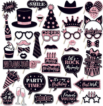 36 PCS Birthday Photo Booth Props Party Supplies Holiday Picture Decorations Photo Booth Props for Birthday Party Favors Pose Sign Kit Fun for Party (Purple and Black)