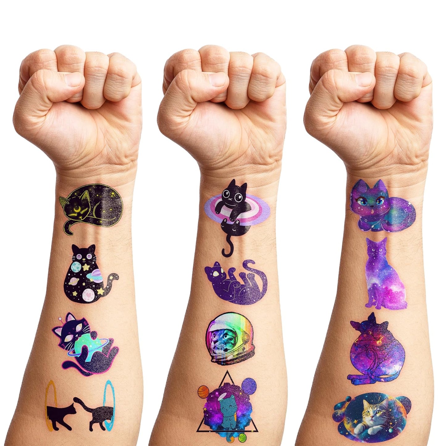 96 PCS Funny Space Cat Temporary Tattoos Themed Birthday Party Decorations Supplies Favors Decor Cute Galaxy Cats Astronaut Star Tattoo Stickers Gifts For Kids Girls Boys School Prizes Carnival