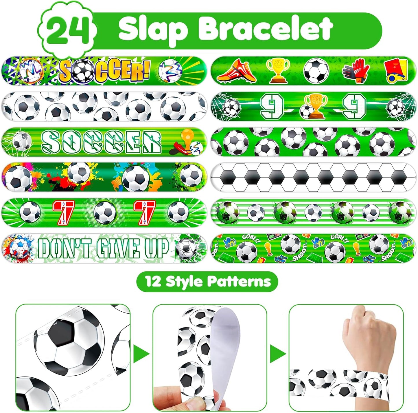 Cherisnowy 72 PCS Soccer Party Favors - 48 Temporary Pre-Cut Tattoos & 24 Slap Bracelets - Fun Party Favors for Boys & Girls, Birthday Goodie Bag Fillers, Baby Shower Gifts, Classroom Rewards