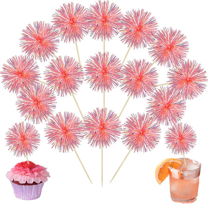 Ephlyn 30Pcs Foil Firework Cupcake Toppers Sparkle Tinsel Cupcake Picks Drink Stirrers Cocktail Food Fruit Toothpicks for Baby Shower Graduation Party Supplies White