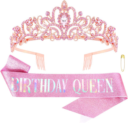 COCIDE Birthday Queen Sash & Rhinestone Tiara Set Gold Happy Birthday Crowns for Women Party Decoration Kit Rhinestone Headband for Women Glitter Crystal Hair Accessories for Cake Topper