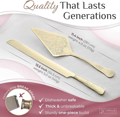 Orblue Wedding Cake Knife and Server Set - Premium, Beautifully Engraved Cutting Set - Elegant Keepsake for Newlyweds - Light Gold