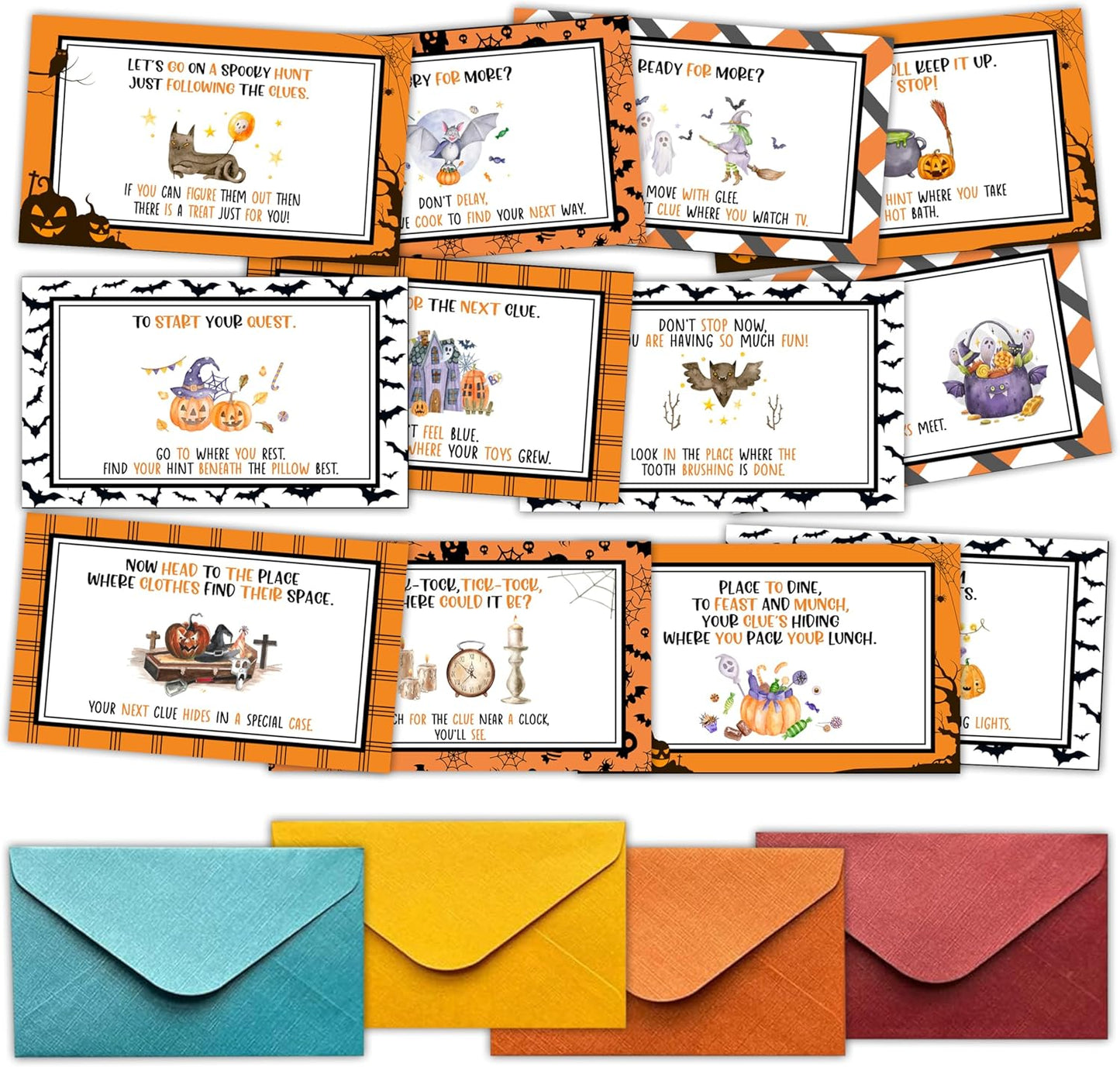 Halloween Scavenger Hunt Clues Card, Outdoor Indoor Family Treasure Riddle Hunt Games, Halloween Party Supplies Decoration, Set of 21 Cards with Colourful Envelopes -Hween001