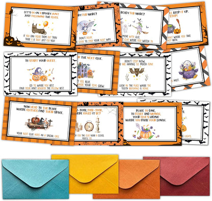 Halloween Scavenger Hunt Clues Card, Outdoor Indoor Family Treasure Riddle Hunt Games, Halloween Party Supplies Decoration, Set of 21 Cards with Colourful Envelopes -Hween001