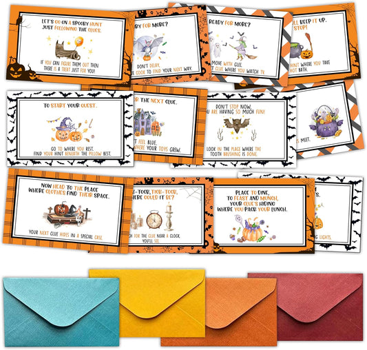 Halloween Scavenger Hunt Clues Card, Outdoor Indoor Family Treasure Riddle Hunt Games, Halloween Party Supplies Decoration, Set of 21 Cards with Colourful Envelopes -Hween001
