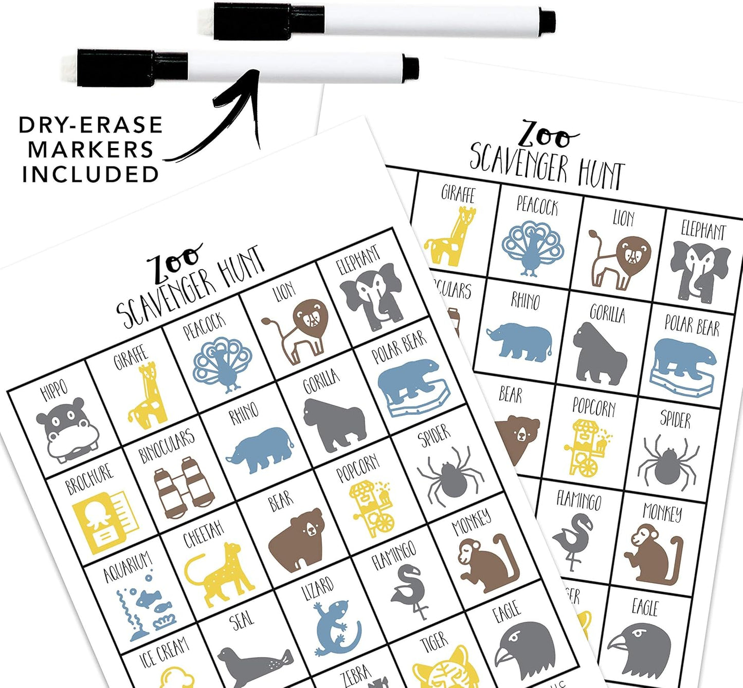 Zoo Scavenger Hunt Games for Kids, Outdoor or Indoor, Birthday Party, Road Trip, Travel Activities, Includes 10 Dry Erase Markers and Cards, Family Game Night