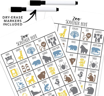 Zoo Scavenger Hunt Games for Kids, Outdoor or Indoor, Birthday Party, Road Trip, Travel Activities, Includes 10 Dry Erase Markers and Cards, Family Game Night