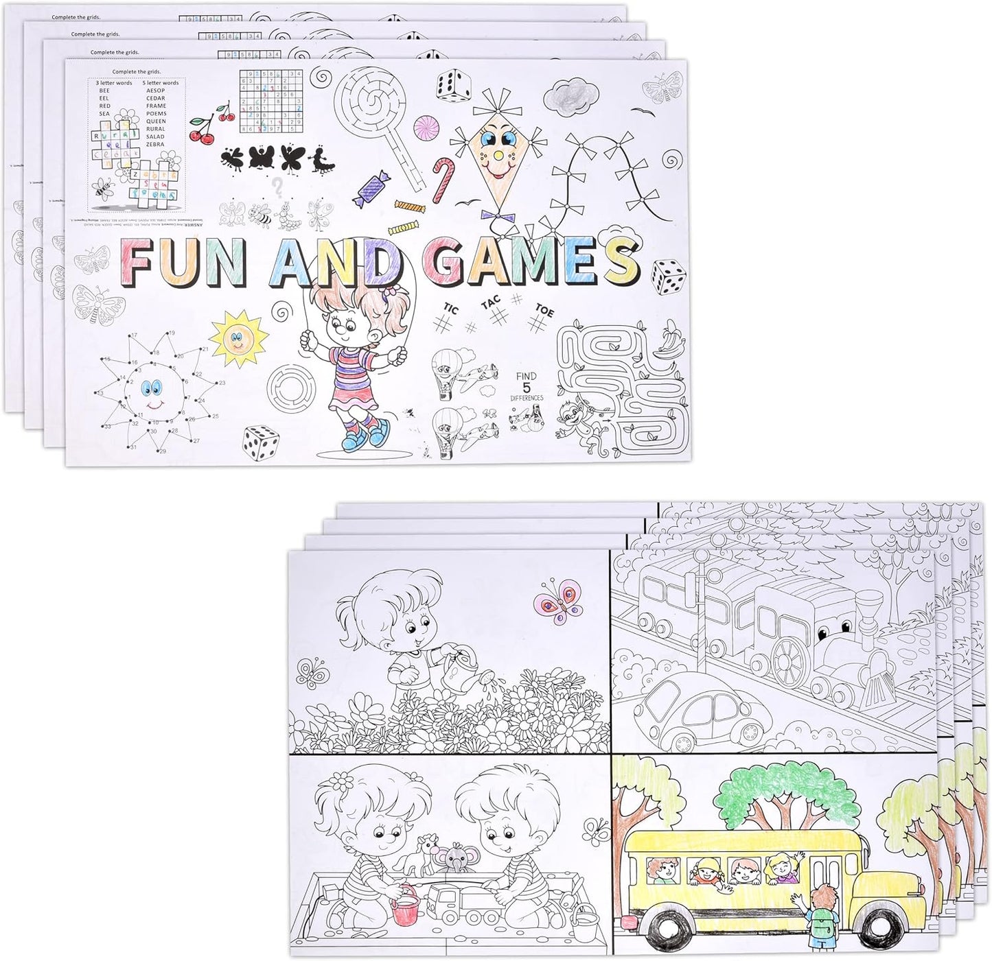 50 Kids Activity Placemats Disposable Paper 11x17 Double Sided Coloring Puzzle Games Sheets Restaurant Entertainment Crafts Party Table Decor