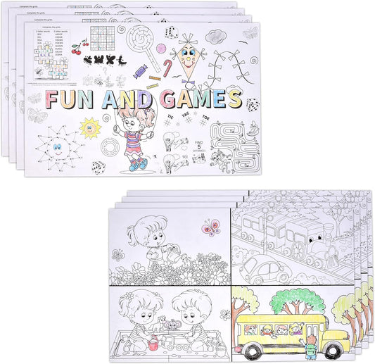 50 Kids Activity Placemats Disposable Paper 11x17 Double Sided Coloring Puzzle Games Sheets Restaurant Entertainment Crafts Party Table Decor