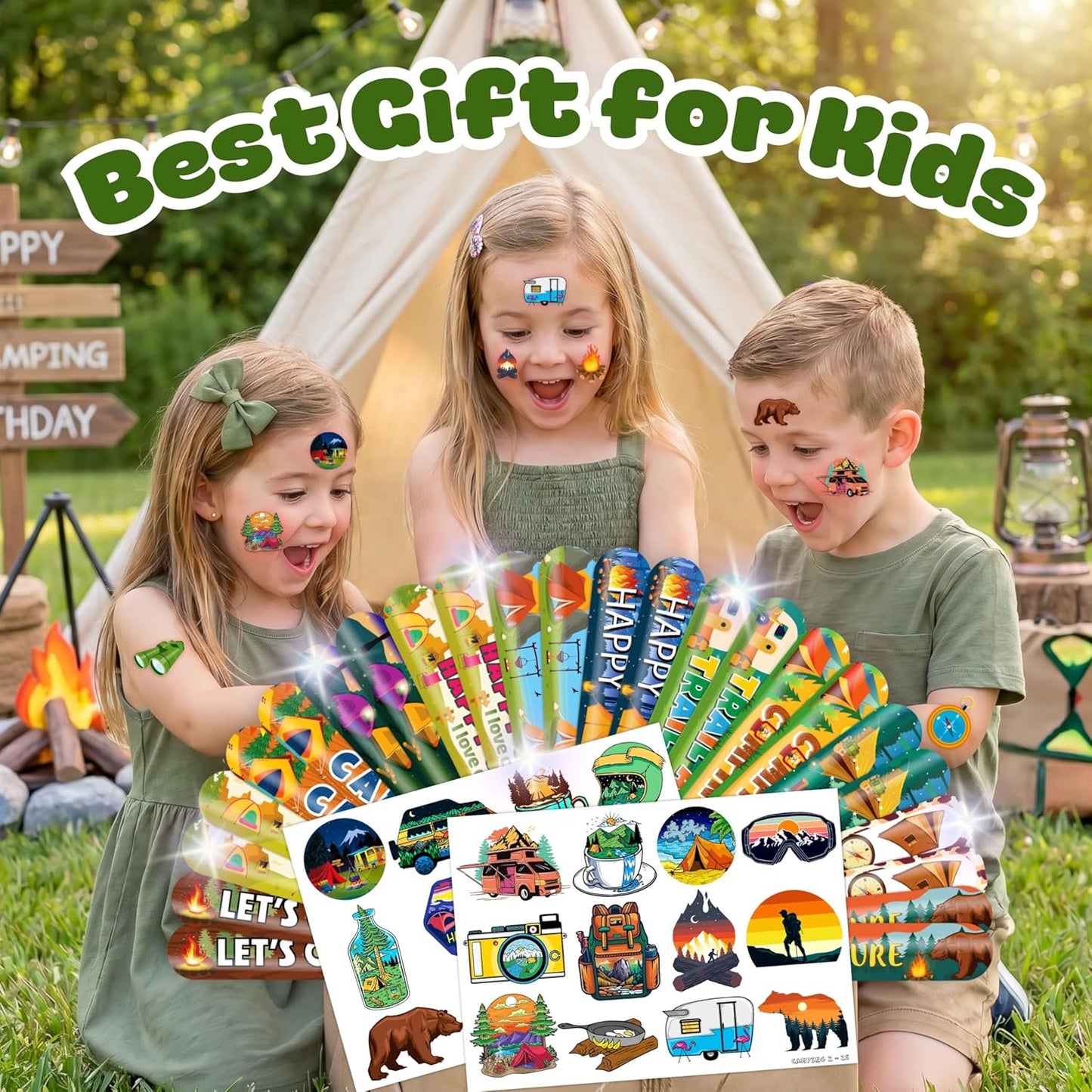 48 PCS Camping Party Favors 24PCS Tattoos Sticker 24PCS Slap Bracelets Wristbands Perfect for Camp Themed Birthday Baby Showers or Classroom Rewards Ideal Decor and Gifts for Girls Boys (Camping 2)