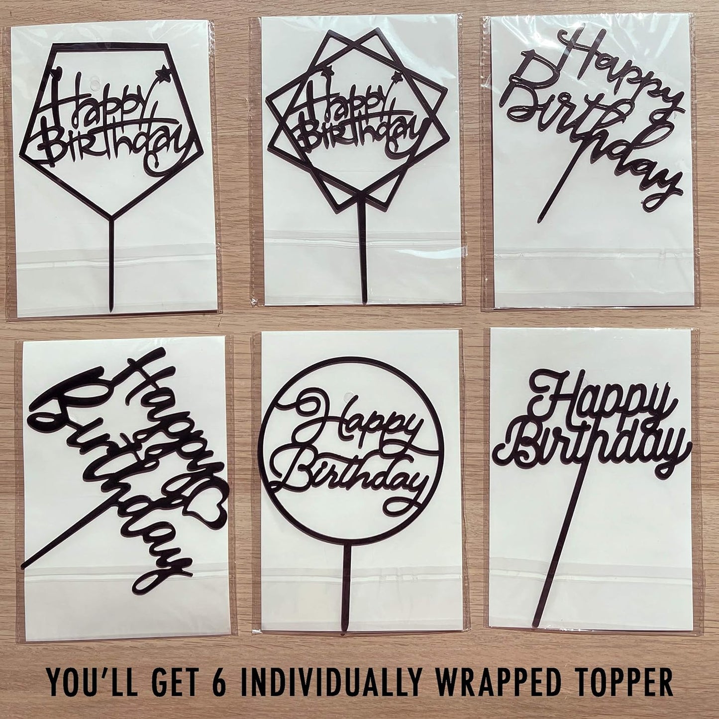 6-Pack Gold Cake Topper Set, Double-Sided Glitter, Acrylic Happy Birthday Cupcake Toppers, Birthday Decorations for Children or Adults.