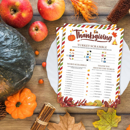 Thanksgiving Scavenger Hunt Game Set, 30 Harvest Stripes Theme Double-Sided Game Cards for Thanksgiving Parties, Family, Friends & Classroom Activities -B04