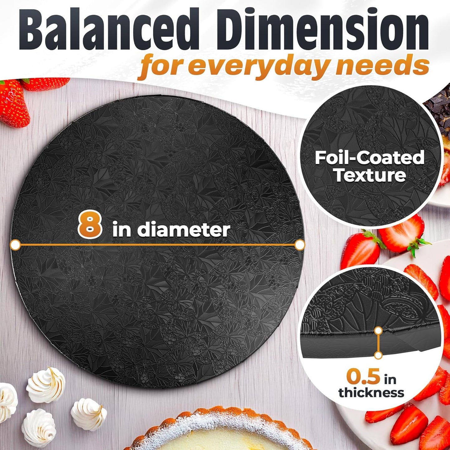 12 Inch Cake Drum, Black Cake Board for Picture-Ready Celebration Cakes, 1/2 Inch Thick Round Cardboard Base with Grease & Moisture Resistant Surface and Decorative Pattern for Parties and Weddings