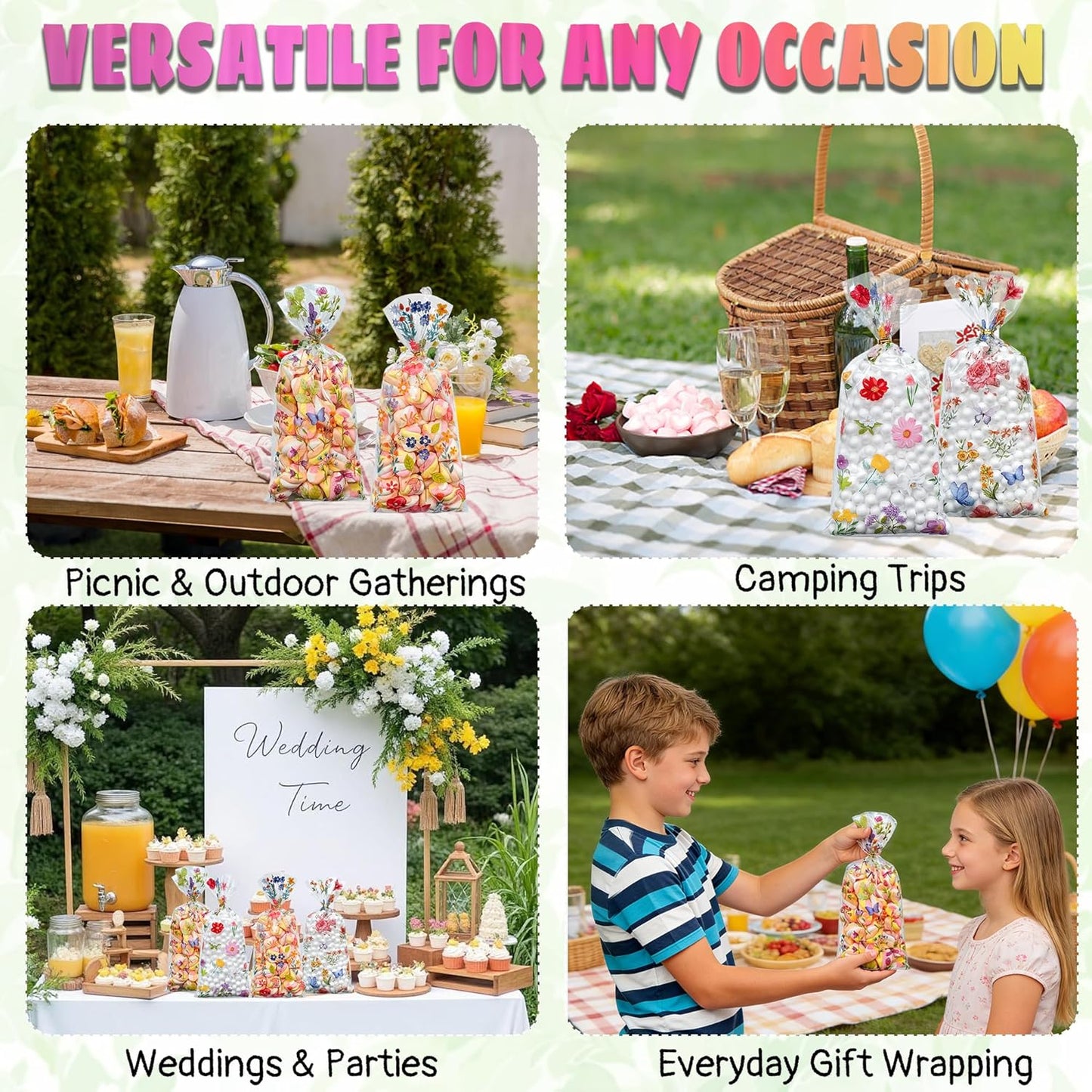 Soarvita Wildflower Cellophane Treat Bags: 50Pack Clear Plastic Floral Goodie Bags with 60 Ties for Cookies Snacks & Gift Packaging, Spring Candy Bag for Baby Bridal Shower Wedding Party Favors