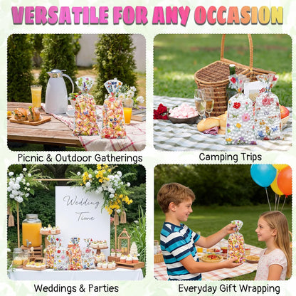 Soarvita Wildflower Cellophane Treat Bags: 50Pack Clear Plastic Floral Goodie Bags with 60 Ties for Cookies Snacks & Gift Packaging, Spring Candy Bag for Baby Bridal Shower Wedding Party Favors