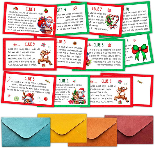 Christmas Scavenger Hunt Clues Card, Outdoor Indoor Family Treasure Riddle Hunt Games, Christmas Eve Party Supplies Decoration, Set of 12 Cards with Colourful Envelopes -Chris001