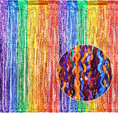 3 Pack Colorful Foil Fringe Curtain Backdrop - 6.6 x 3.3 ft Wavy Rainbow Tinsel Backdrop Curtain Metallic Streamers Iridescent Holiday Photo Booth Party Decorations