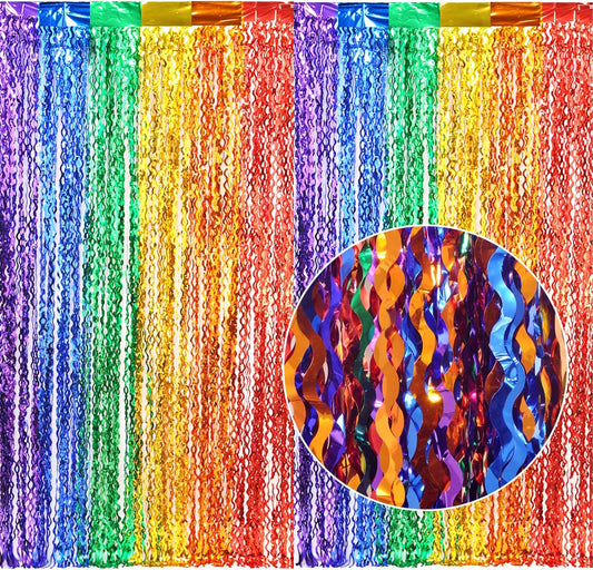 3 Pack Colorful Foil Fringe Curtain Backdrop - 6.6 x 3.3 ft Wavy Rainbow Tinsel Backdrop Curtain Metallic Streamers Iridescent Holiday Photo Booth Party Decorations
