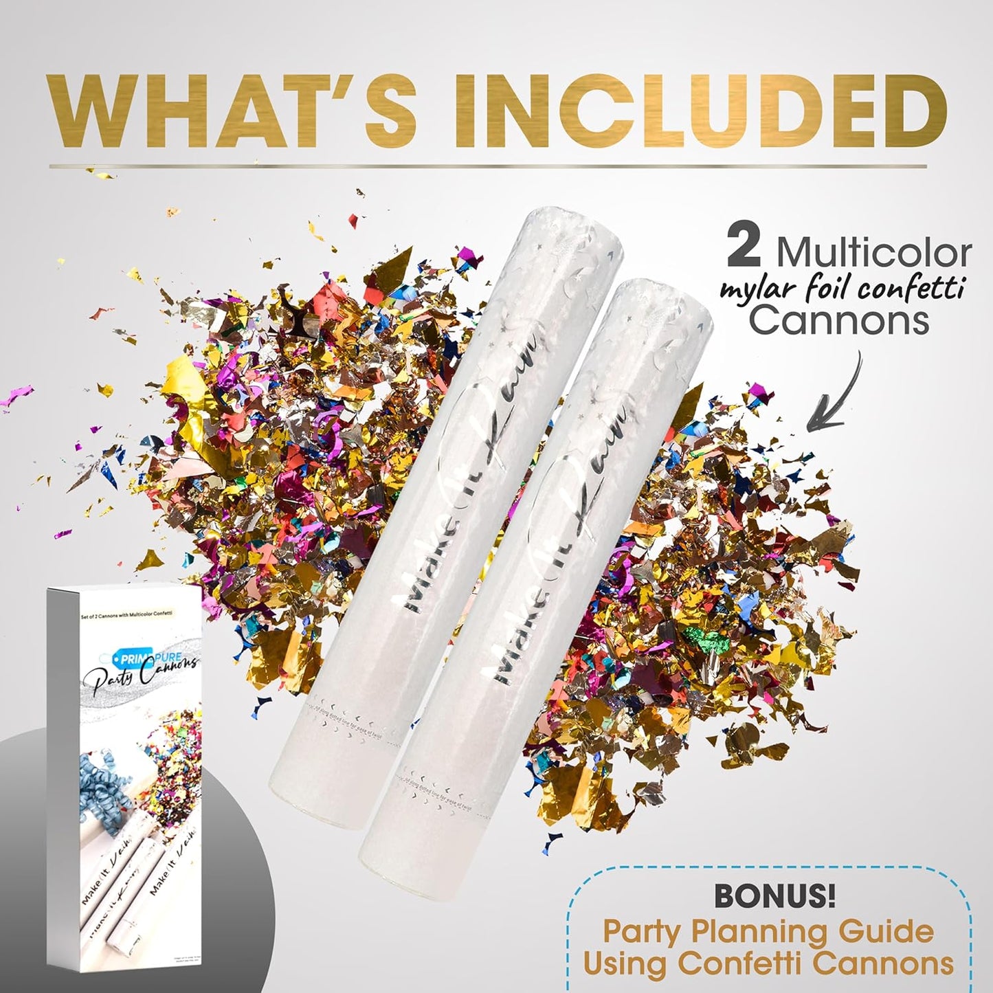 PrimePure Confetti Cannon Party Poppers - Holographic Silver Stars Confetti Popper - 2 Pack - Party Cannon Silver Glitter Star Pop Gun for Birthday, Wedding, Graduation, Celebration, Pranks