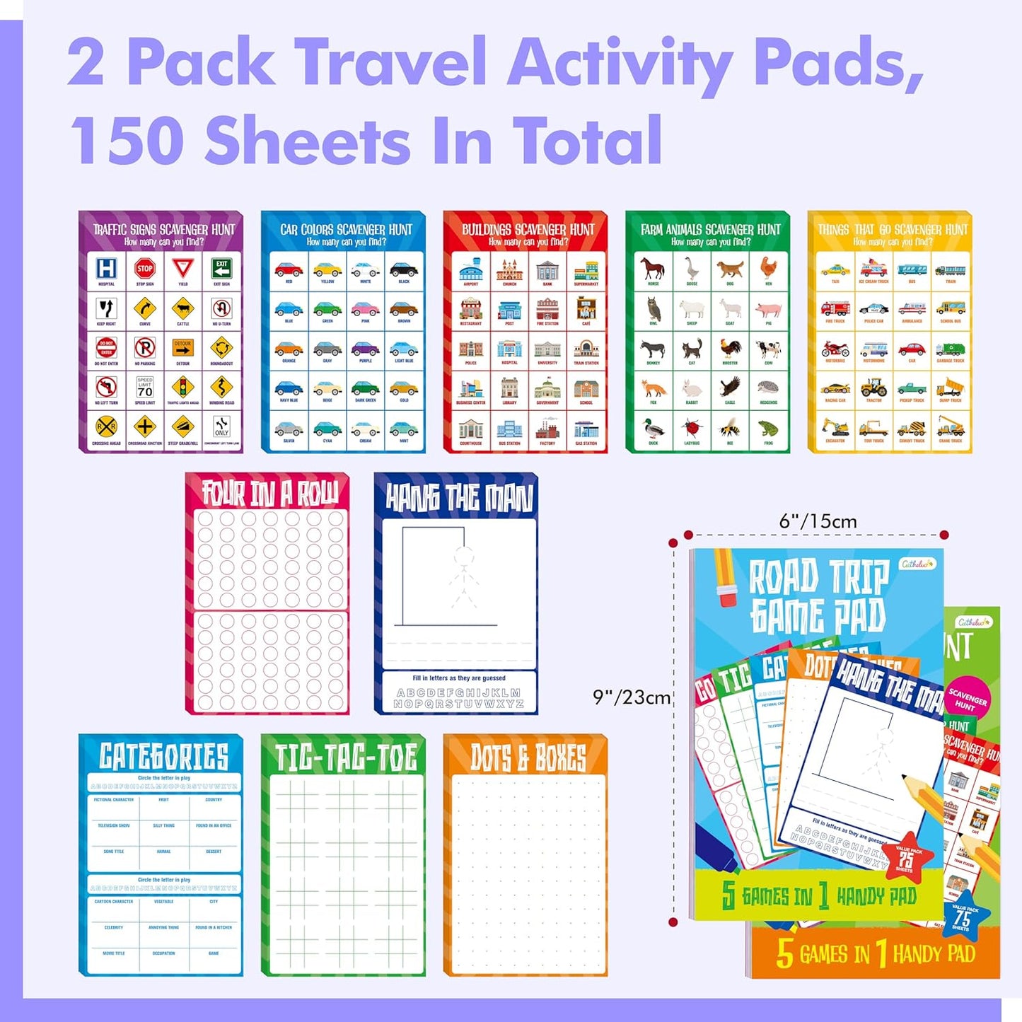 Road Trip Game Pad, 5 Games in 1 (Farm Animals, Car Colors, Buildings, Traffic Signs, Vehicles Scavenger Hunt Bingo), Pen Pencil Paper Game, Plane Trip/ Car Travel/Getaway Activity Pad for Kid, Adult