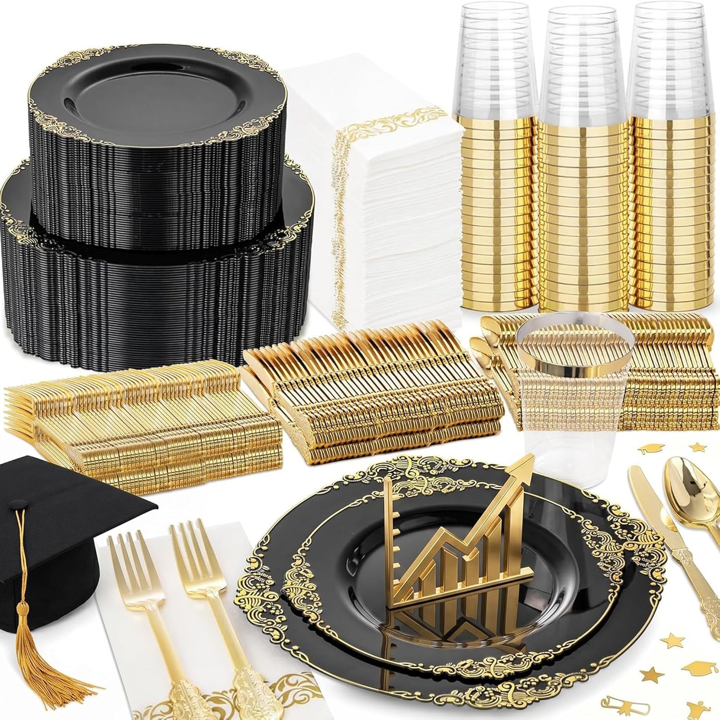 Nervure 350PCS Gold Plastic Plates - Gold Plastic Dinnerware Sets for 50 Guests - 100 Disposable Plates, 150 Silverware, 50 Cups, 50 Napkins for Wedding & Party & Mothers Day