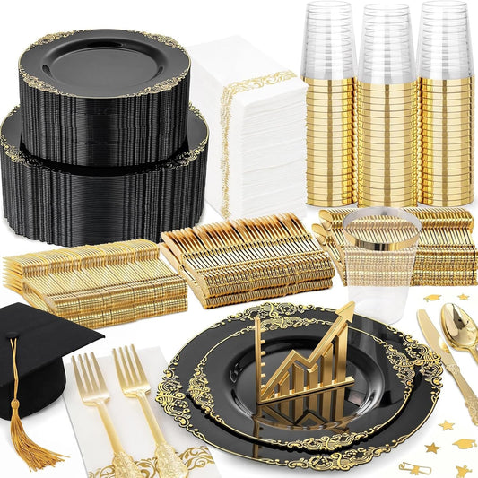 Nervure 350PCS Gold Plastic Plates - Gold Plastic Dinnerware Sets for 50 Guests - 100 Disposable Plates, 150 Silverware, 50 Cups, 50 Napkins for Wedding & Party & Mothers Day