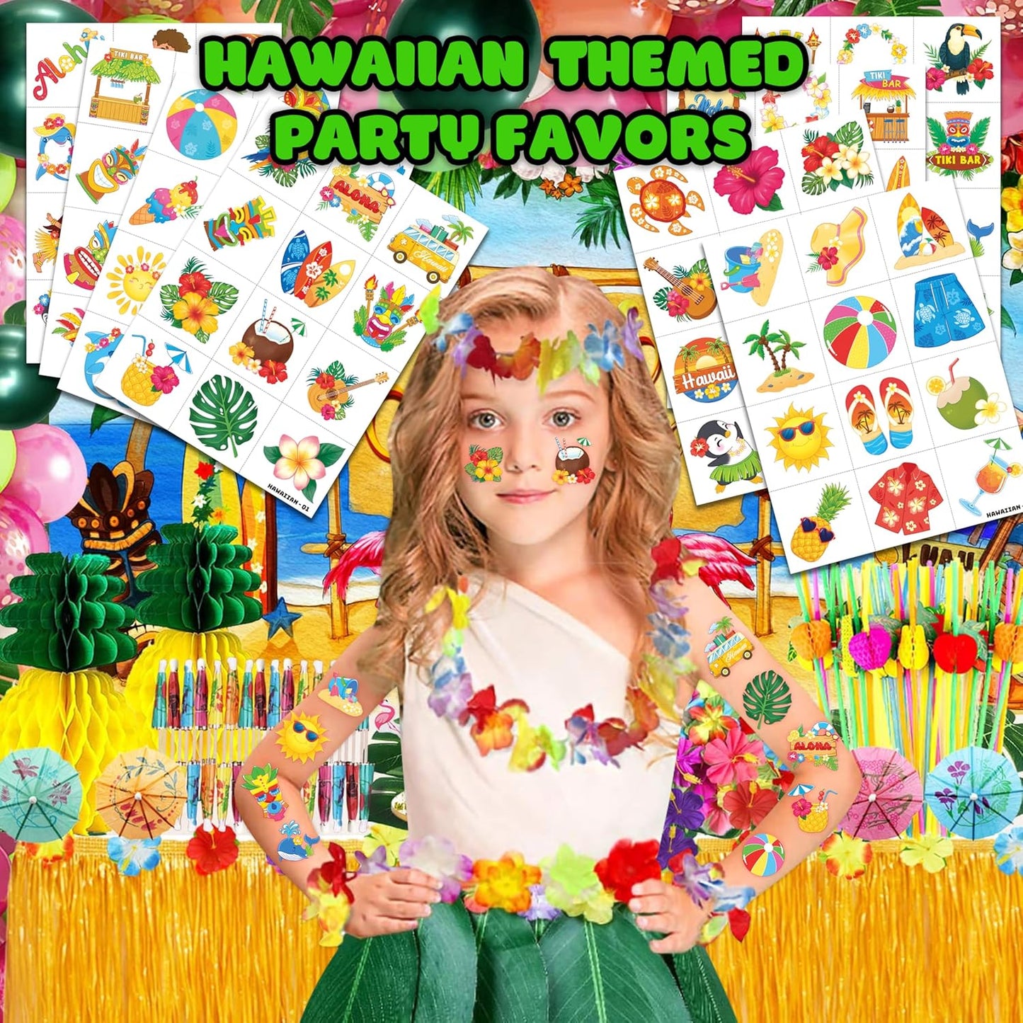96 PCS Hawaiian Luau Pre-Cut Temporary Tattoos for Kids | Super Cute Themed Birthday Party Favors, Supplies, Decorations, Summer Fake Tattoo Stickers (Multiple)
