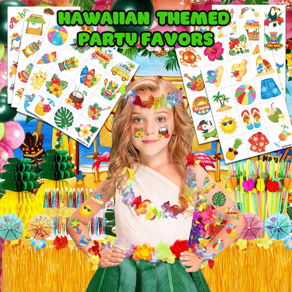 96 PCS Hawaiian Luau Pre-Cut Temporary Tattoos for Kids | Super Cute Themed Birthday Party Favors, Supplies, Decorations, Summer Fake Tattoo Stickers (Multiple)