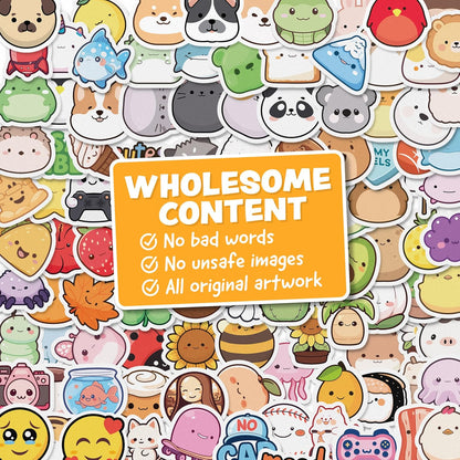 Cute Stickers for Kids - Kawaii Water Bottle Stickers for Teens - 108pc Sticker Pack - Waterproof Vinyl Stickers for Water Bottles, Scrapbook, Laptops, Etc.