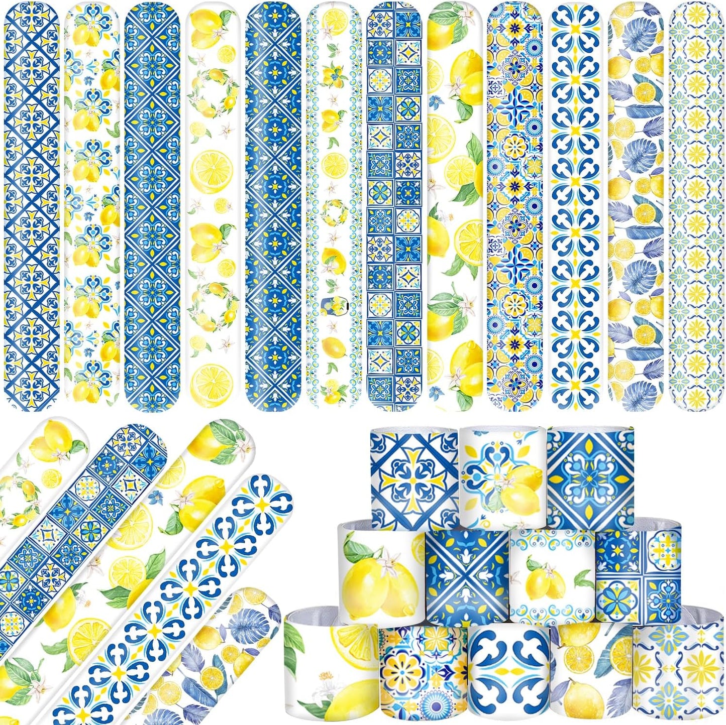 48 PCS Capri Lemon Slap Bracelets Party Favors Blue Yellow Tiles Lemon Wristbands Bracelets Goodie Bag Fillers for Lemon Birthday Decorations Supplies, Baby Shower, Bridal Shower, Class Reward Prizes