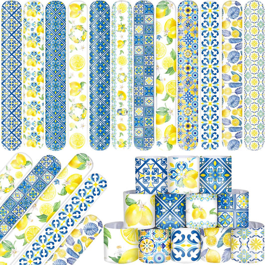48 PCS Capri Lemon Slap Bracelets Party Favors Blue Yellow Tiles Lemon Wristbands Bracelets Goodie Bag Fillers for Lemon Birthday Decorations Supplies, Baby Shower, Bridal Shower, Class Reward Prizes
