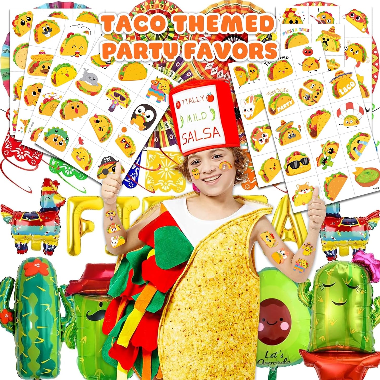 96 PCS Taco Mexican Fiesta Pre-Cut Temporary Tattoos for Kids | Cute Cinco de Mayo Themed Birthday Party Favors, Supplies, Decorations, Fake Tattoo Stickers, School Rewards Prizes & Gifts Boys Girls