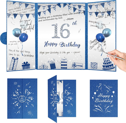 Blue and Silver 16th Birthday Party Decoration Guest Book 16th Happy Birthday Guest Sign in Book Perfect Signature Cardboard Party Supplies Great Birthday Gift for Boys
