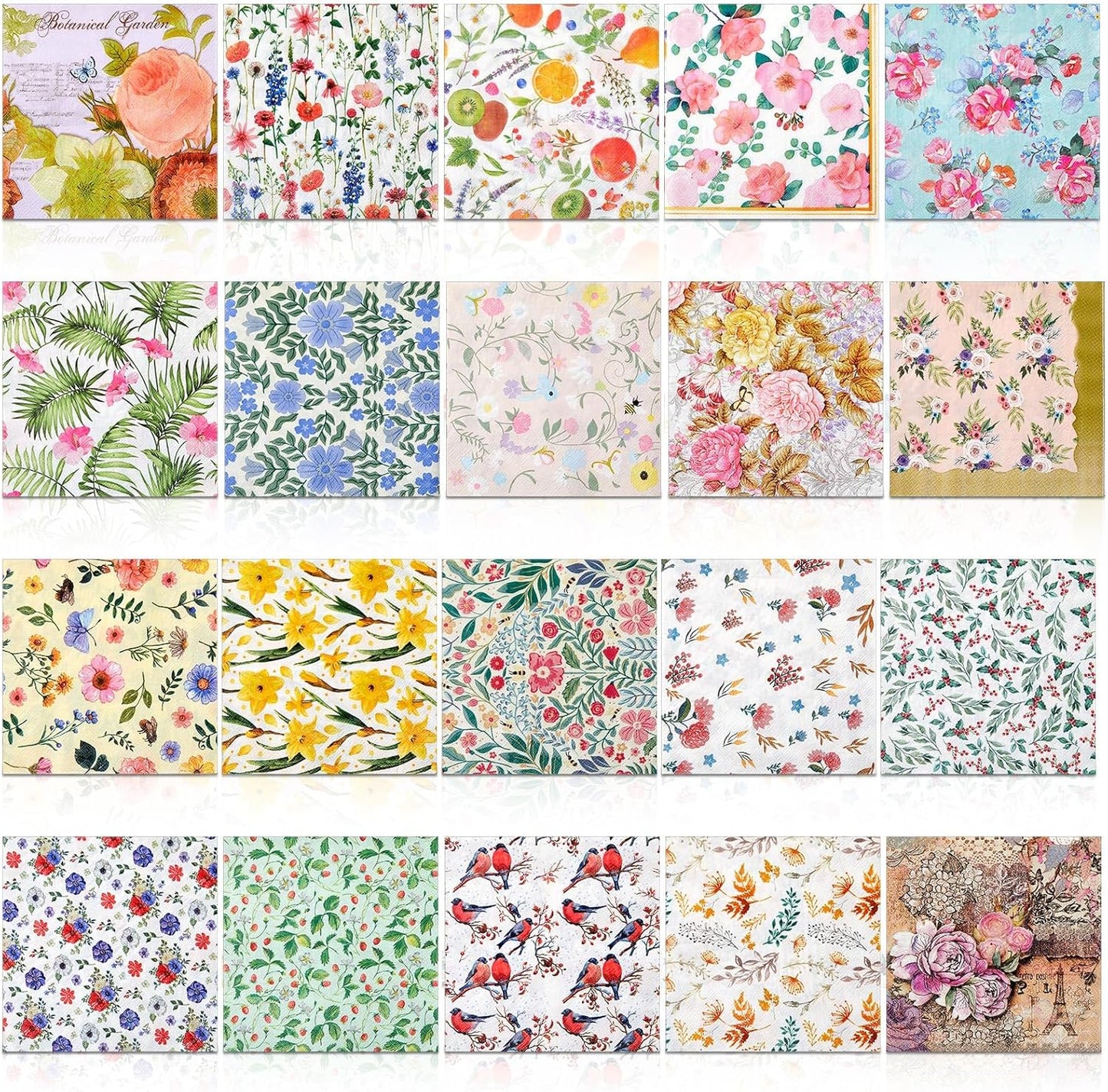 Crtiin 20 Pack Decoupage Napkins Floral Napkins Flower Cocktail Paper Decorative Toilet for Valentine's Day Birthday Party Beautiful Gorgeous, 20 Styles Each 6.5 Inches(Style 1)