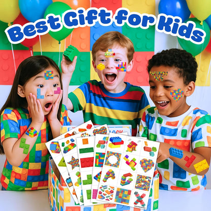 96PCS Building Block Pre-Cut Temporary Tattoos - Cute Party Favors for Kids, Boys & Girls | Birthday Party Supplies, Decorations, Stickers, Gifts, Classroom & School Prizes (Normal)