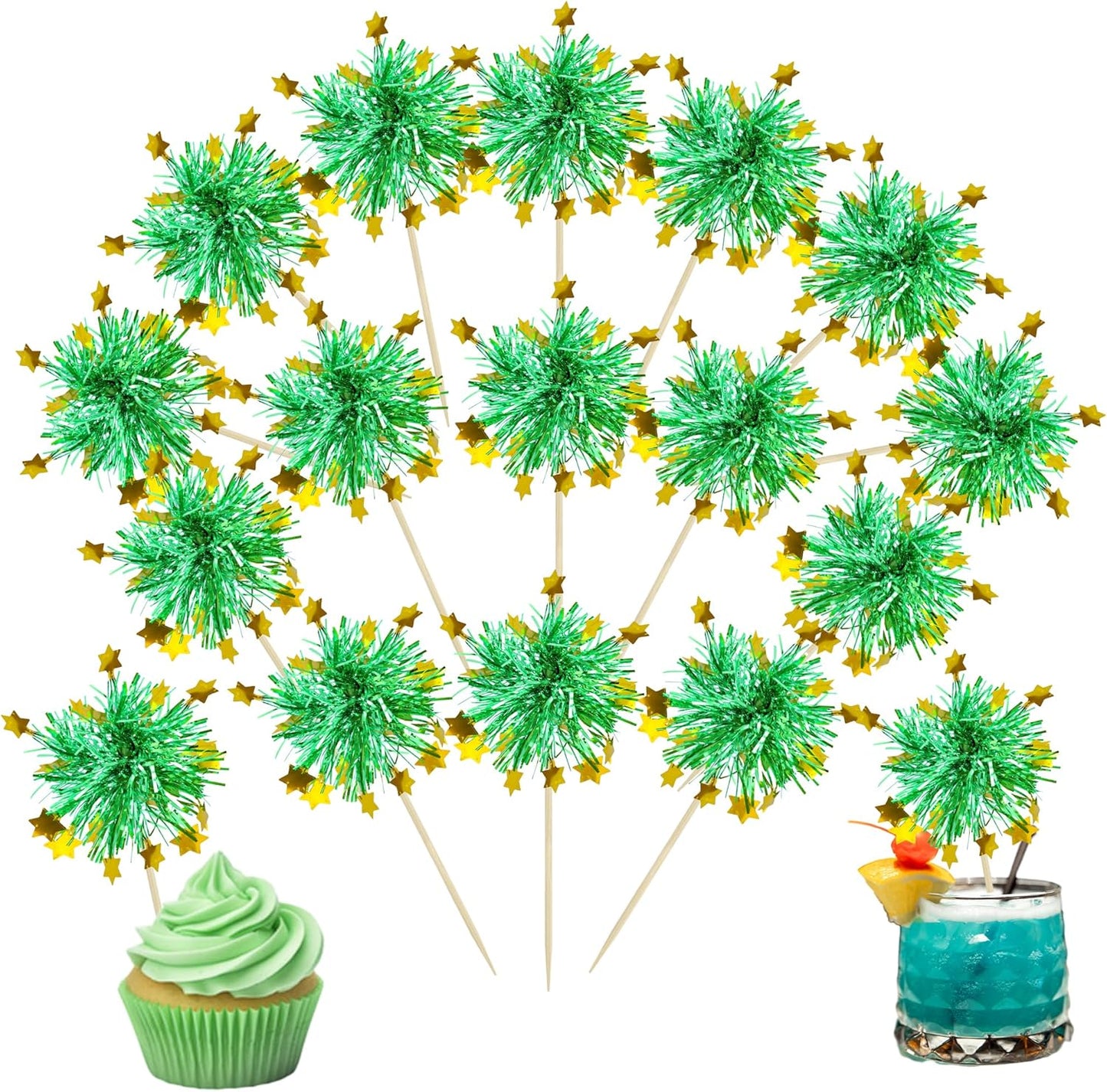 Ephlyn 30Pcs Foil Firework Cupcake Toppers Sparkle Tinsel Cupcake Picks Drink Stirrers Cocktail Food Fruit Toothpicks for Baby Shower Graduation Party Supplies White