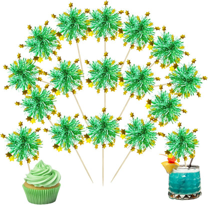 Ephlyn 30Pcs Foil Firework Cupcake Toppers Sparkle Tinsel Cupcake Picks Drink Stirrers Cocktail Food Fruit Toothpicks for Baby Shower Graduation Party Supplies White