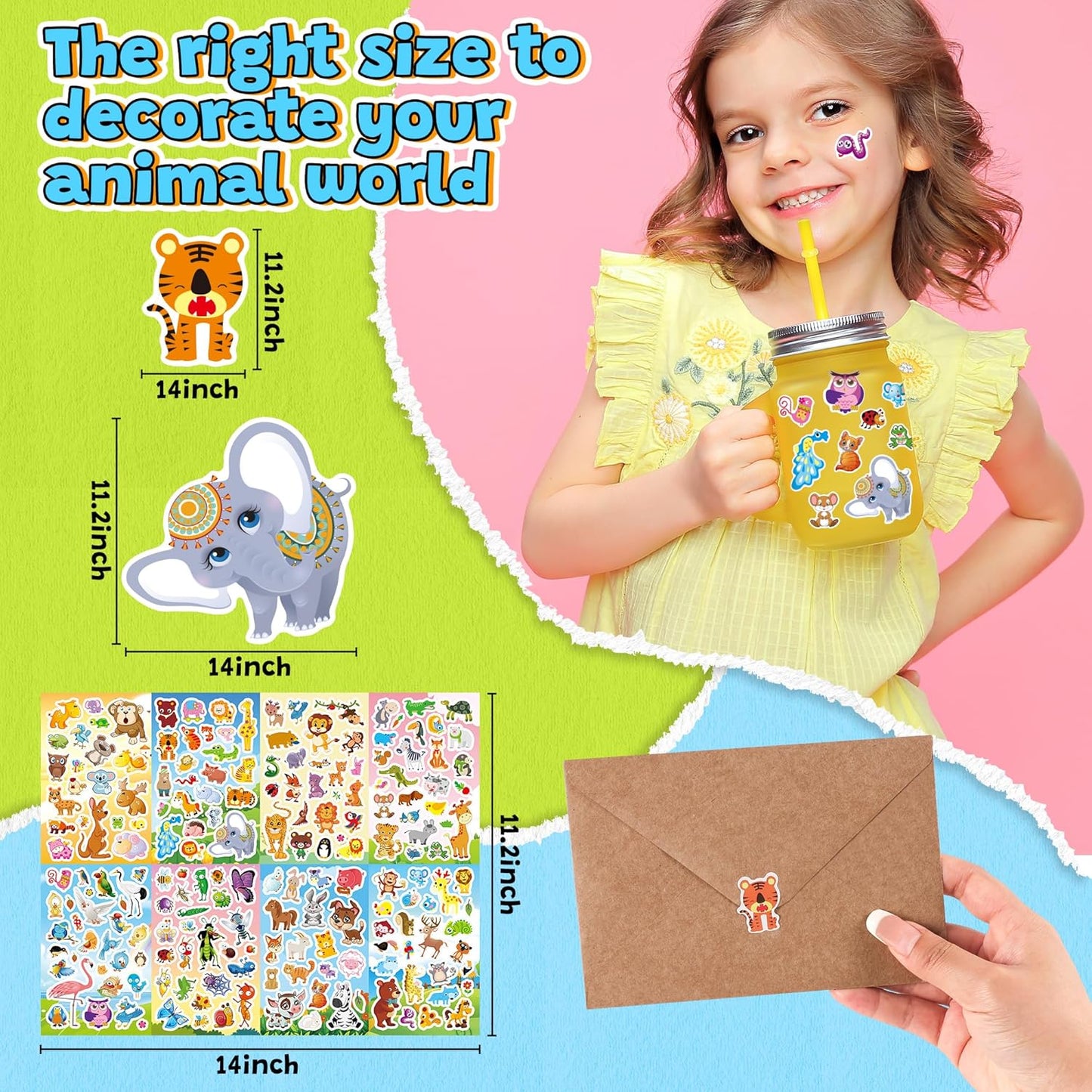 Sinceroduct 64 Sheets Stickers for Kids, 1800+pcs Animal Sticker, 16 Animal Themes Water Bottle Stickers, Scrapbooking Party Favors Classroom for Kids, Children, Teacher, Parent