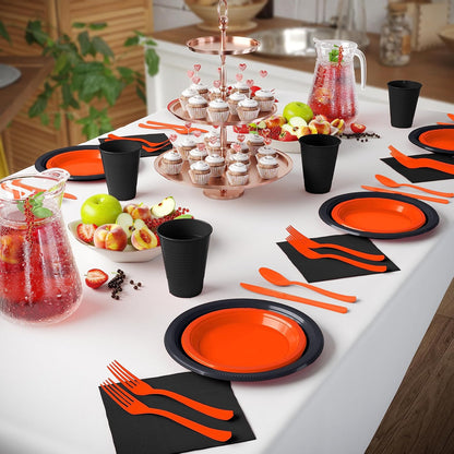 350 Pcs Black Plastic Plates For Party, Black Disposable Plates Set, 50 Of Each 9" Dinner Plate Set, 7" Dessert Plate, Cups, Napkins & Cutlery Plastic Dinnerware Set Exquisite