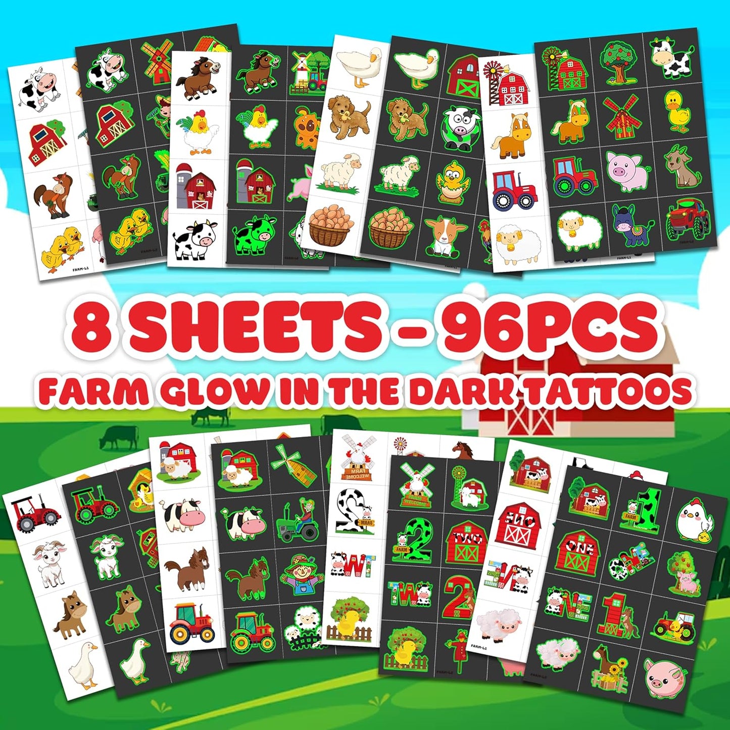 72 PCS Farm Barnyard Animal Pre-Cut Temporary Tattoos Sticker Birthday Decorations Party Supplies Favors Gift Boy Girl Farmhouse Cow Chicken Tattoo School Reward Themed (Normal)